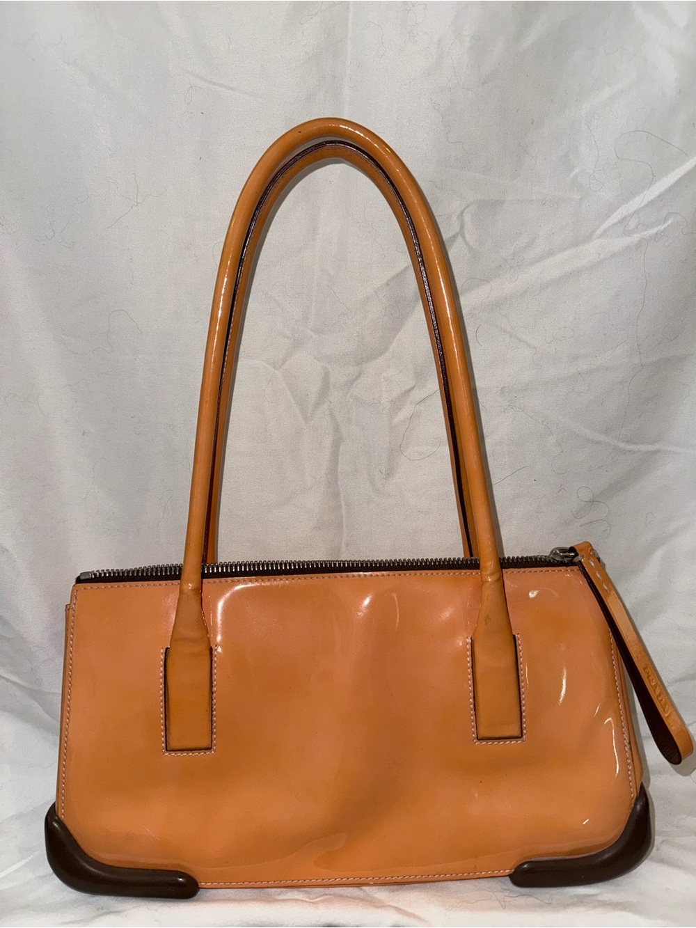 Vintage Prada Patent Leather Shoulder Bag Y2K Brown Tan Handbag Italy